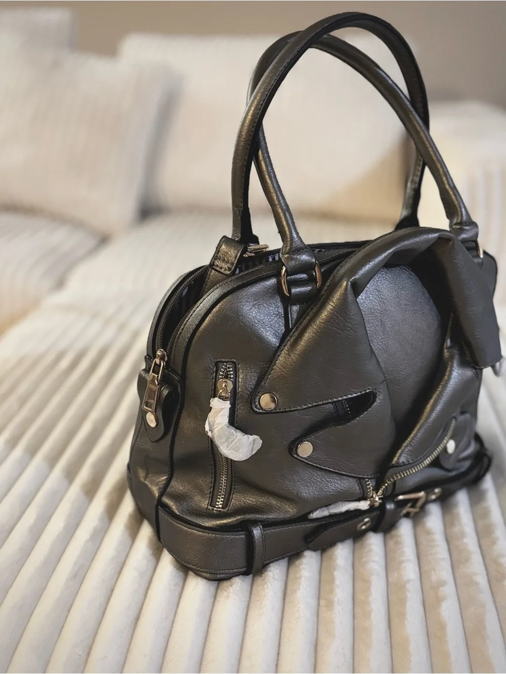 LA MIEL Grey Moto-Style Satchel with Belt Detail